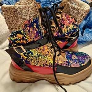 Sequined combat boots
